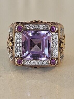 Dallas Prince Sterling Silver Gold Amethyst Diamond Statement Ring Sz 7.5